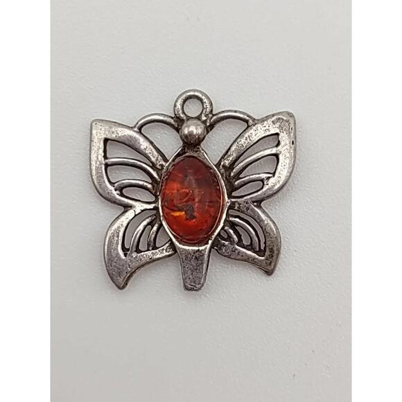 Jewelry - Sterling Silver Butterfly Pendant Amber Color Cabochon